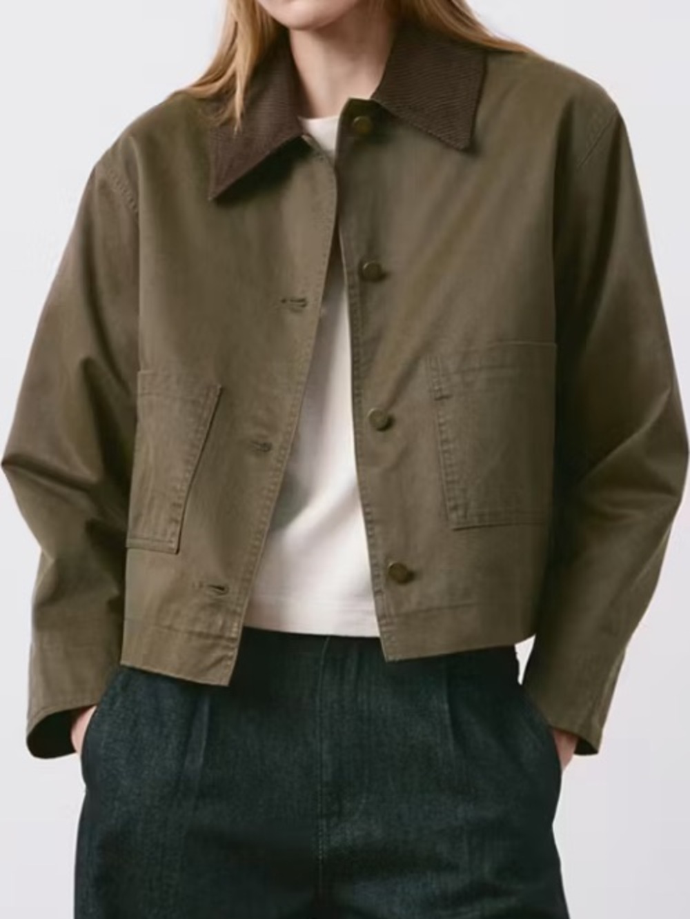 Mango Olive BrownJacket with Corduroy Collar COTTON PARKAWITH CONTRASTING COLLAR - Picture 1 of 6